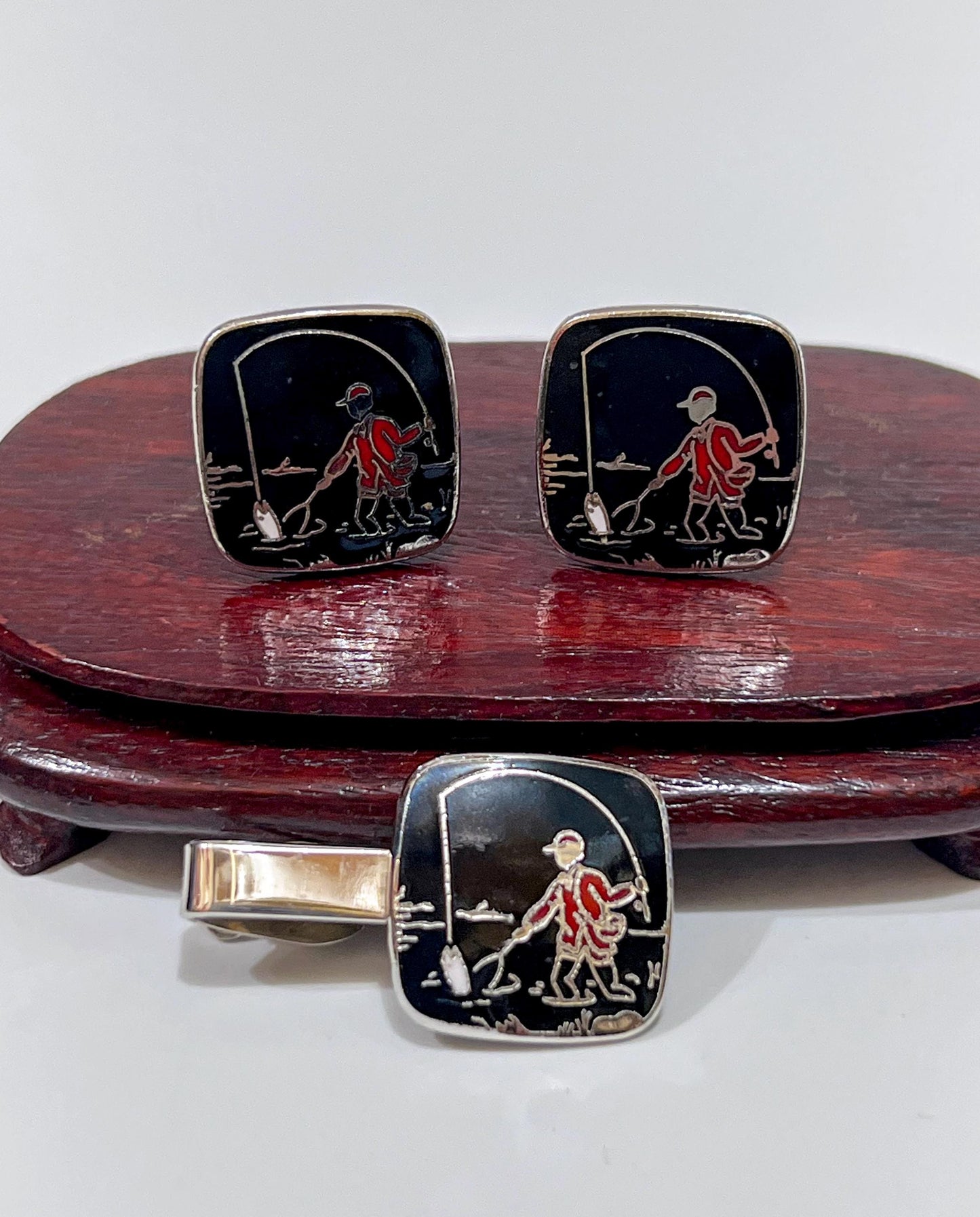 Vintage Black Enamel Silver Plated Fishing Fisherman Cufflink and Tie Clip