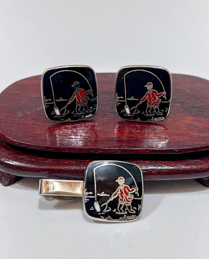 Vintage Black Enamel Silver Plated Fishing Fisherman Cufflink and Tie Clip