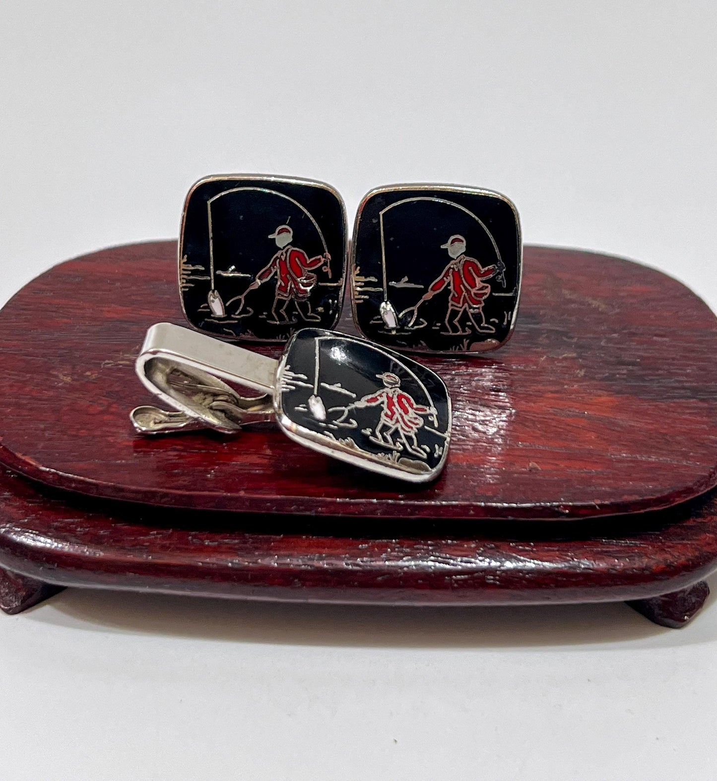 Vintage Black Enamel Silver Plated Fishing Fisherman Cufflink and Tie Clip