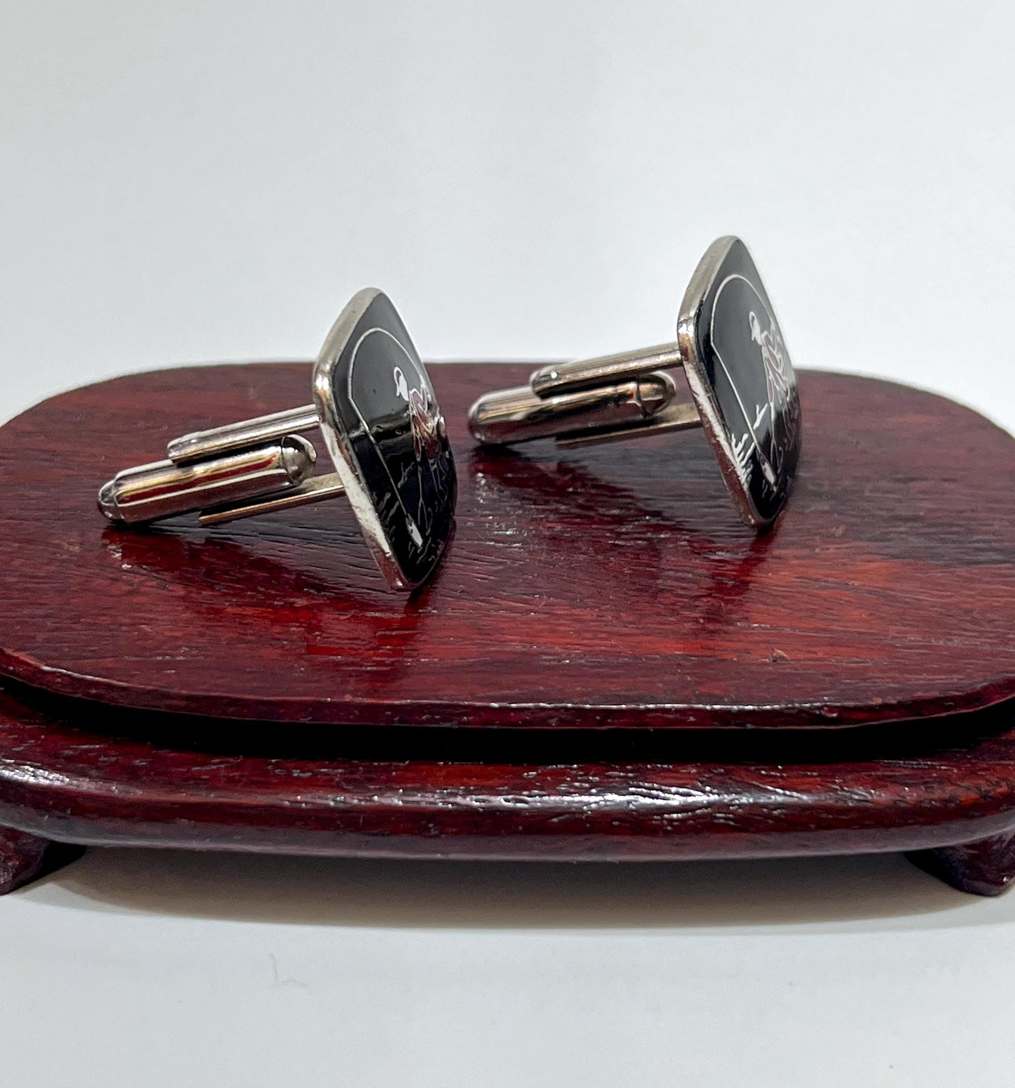 Vintage Black Enamel Silver Plated Fishing Fisherman Cufflink and Tie Clip