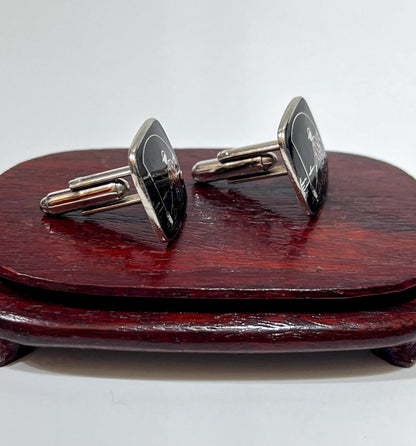 Vintage Black Enamel Silver Plated Fishing Fisherman Cufflink and Tie Clip