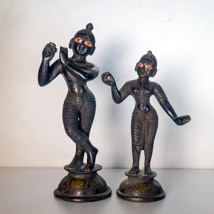 Vintage Brass Sri Sri Radha Krishna Murti Statues | Hindu God Statue with Dresses