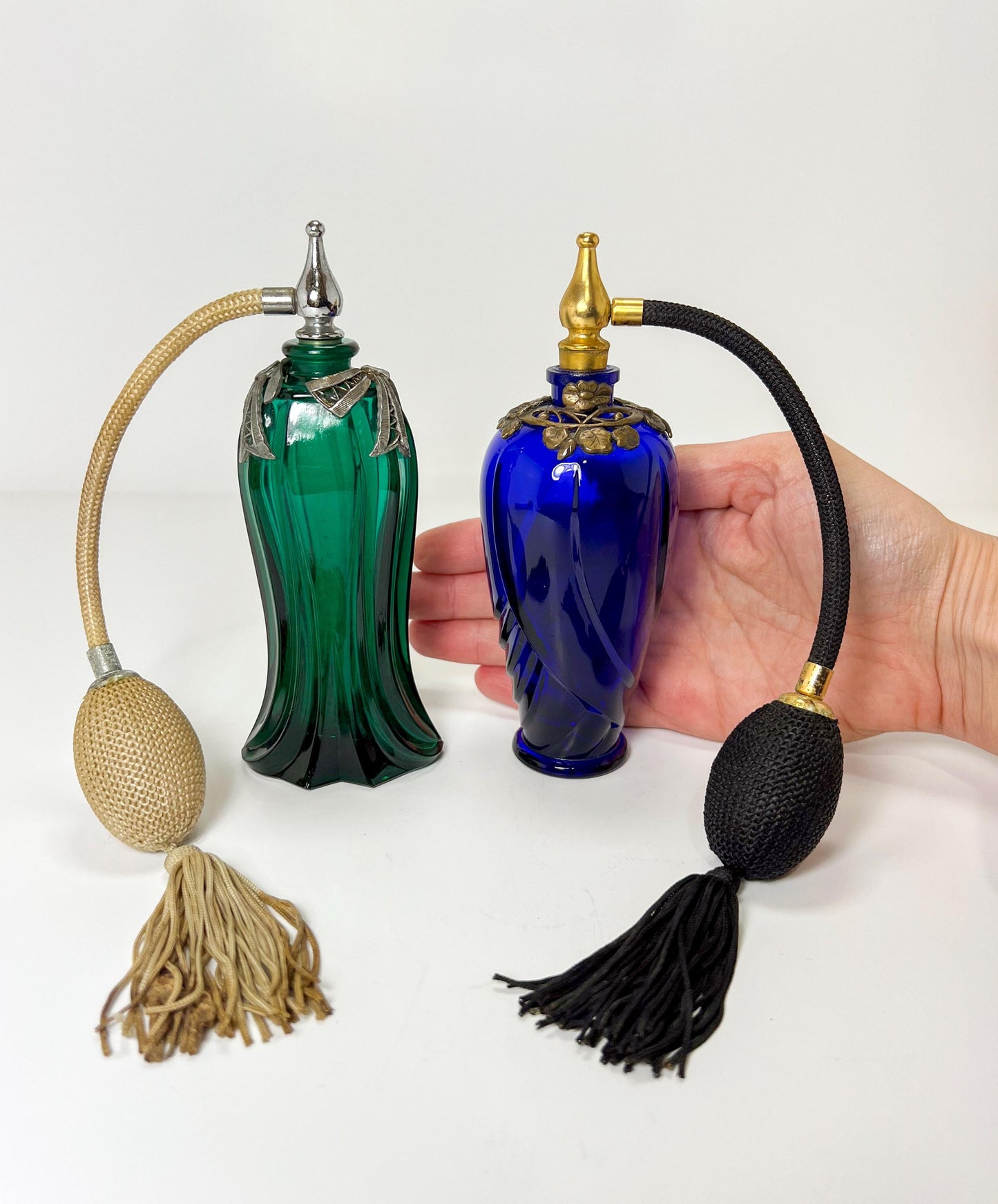 6" Vintage Ornate Cobalt Blue & Emerald Green Glass Perfume Atomizer Bottles