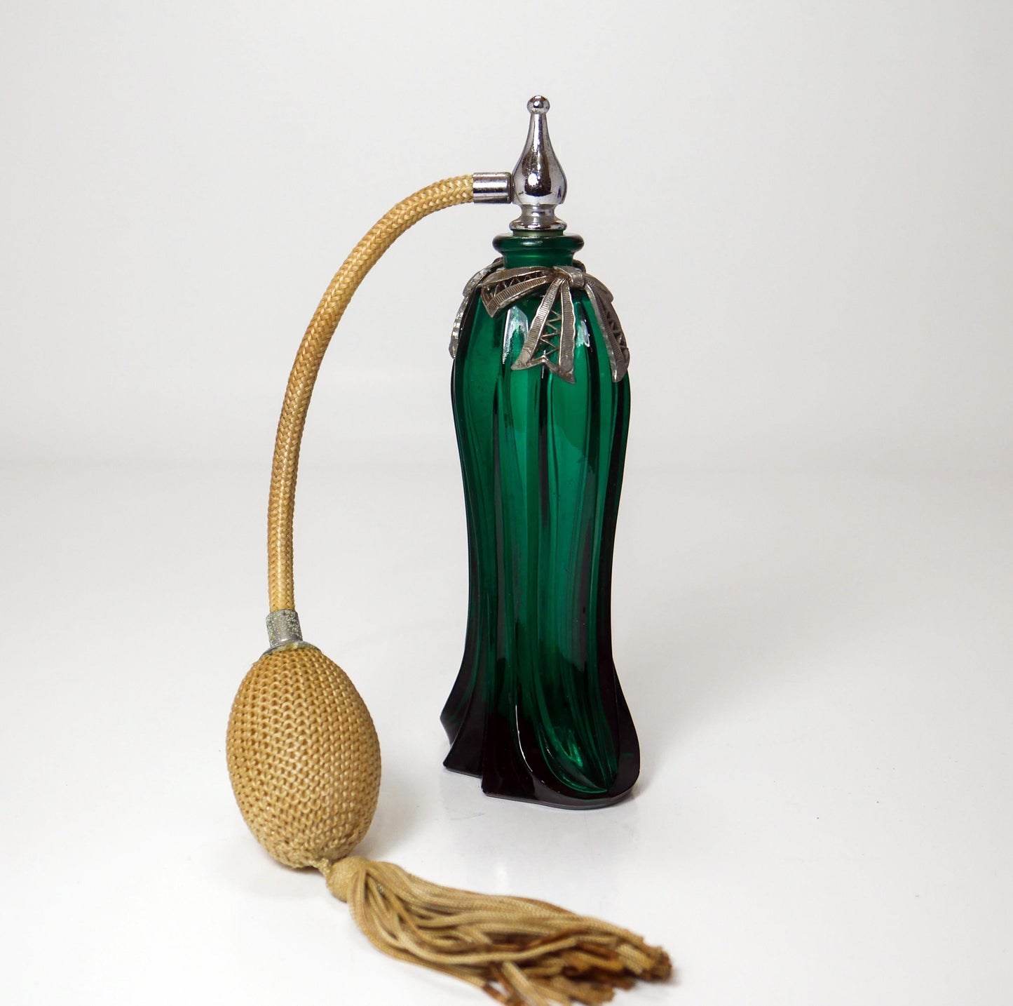6" Vintage Ornate Cobalt Blue & Emerald Green Glass Perfume Atomizer Bottles