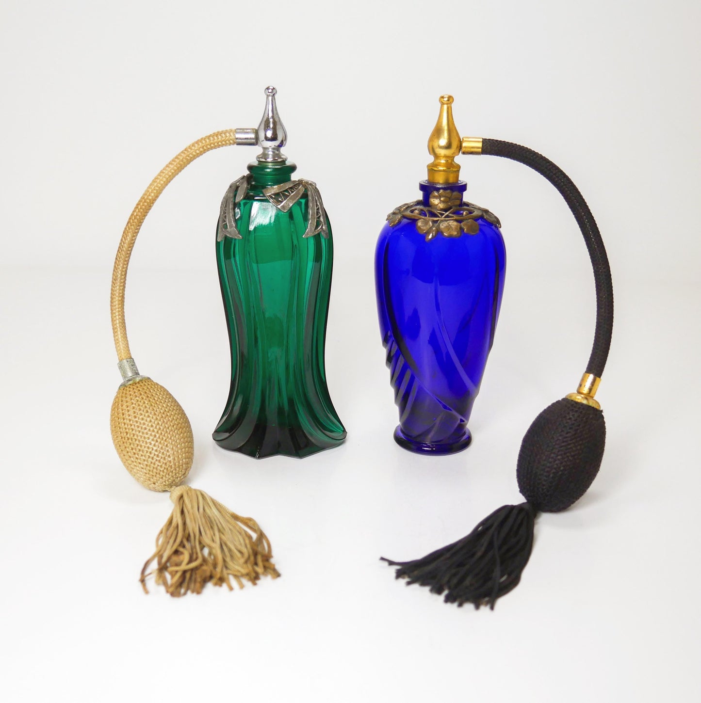 6" Vintage Ornate Cobalt Blue & Emerald Green Glass Perfume Atomizer Bottles