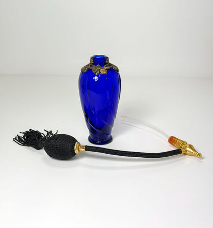 6" Vintage Ornate Cobalt Blue & Emerald Green Glass Perfume Atomizer Bottles