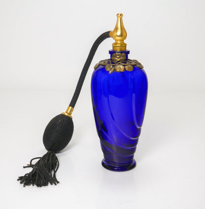 6" Vintage Ornate Cobalt Blue & Emerald Green Glass Perfume Atomizer Bottles