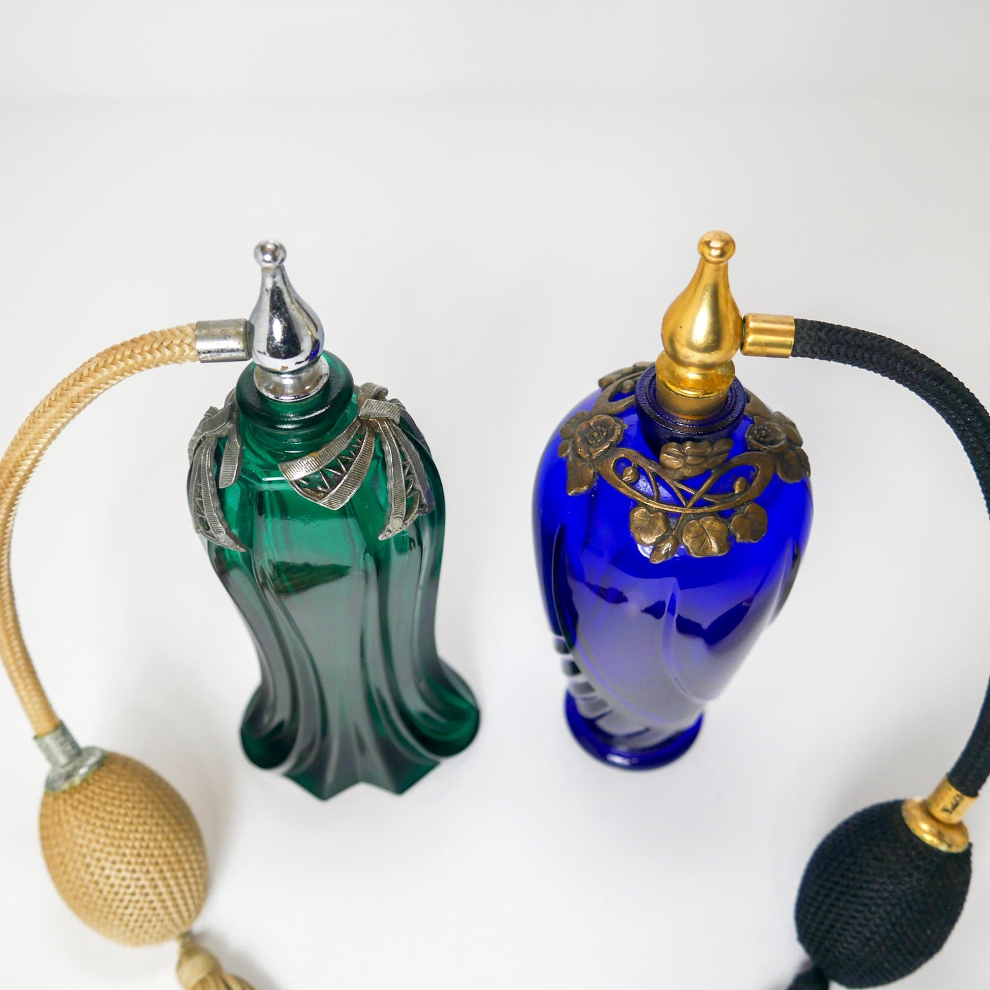 6" Vintage Ornate Cobalt Blue & Emerald Green Glass Perfume Atomizer Bottles