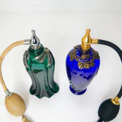 6" Vintage Ornate Cobalt Blue & Emerald Green Glass Perfume Atomizer Bottles