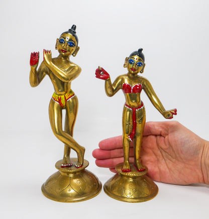 9" Vintage Brass Sri Radha Krishna Murti Statues | Hindu God Deity with Dresses