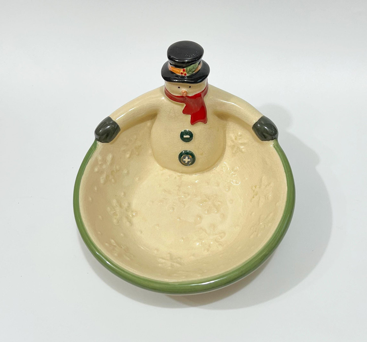 Vintage Russ Berrie Crackle Ceramic Snowman Christmas Holiday Candy Serving Bowl