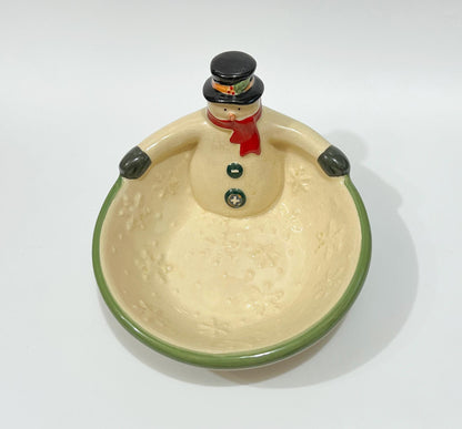 Vintage Russ Berrie Crackle Ceramic Snowman Christmas Holiday Candy Serving Bowl
