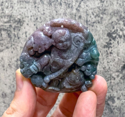 Vintage Chinese Carved Agate Pendant Boy Ruyi Scepter Koi Fish Good Luck Amulet