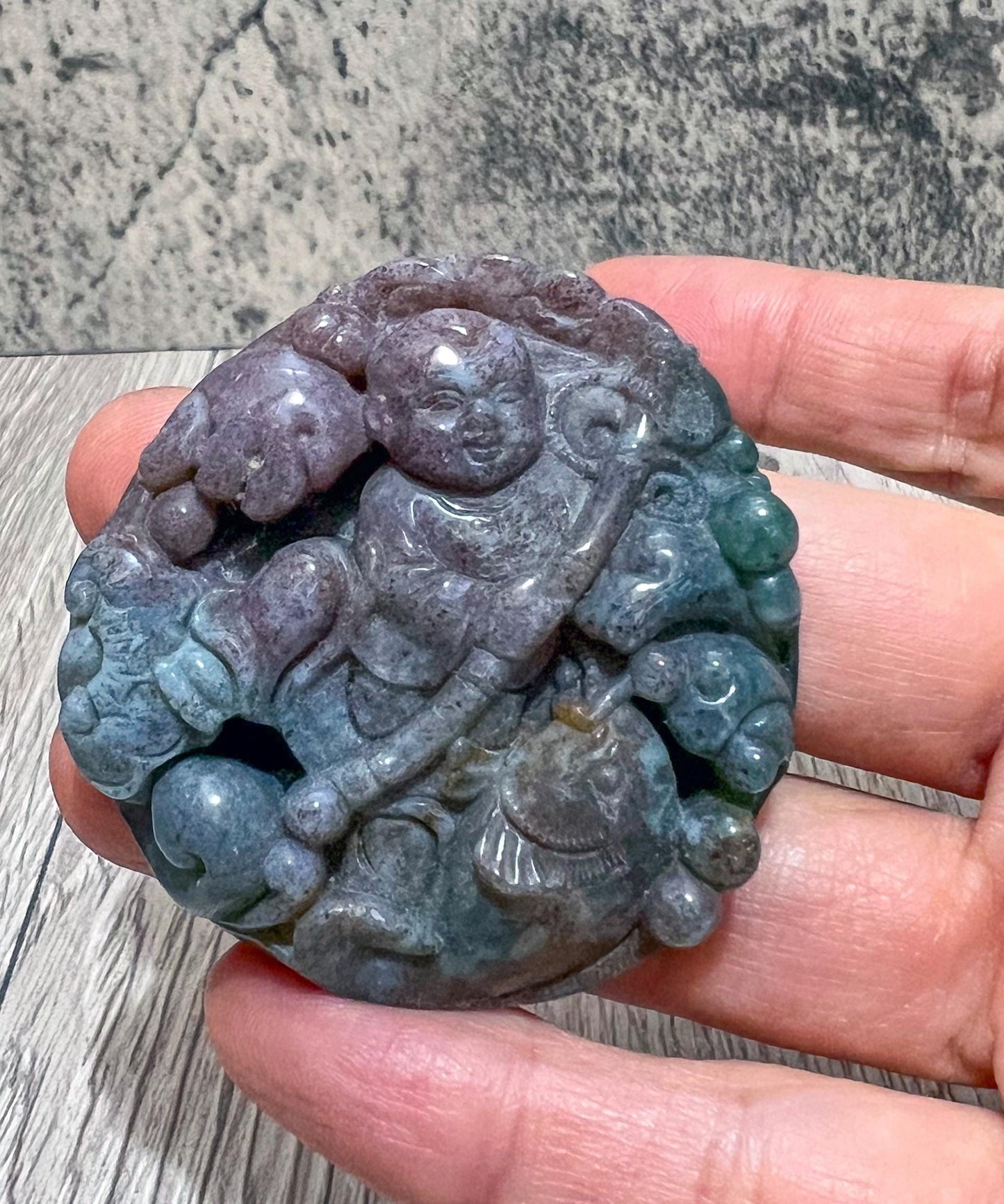 Vintage Chinese Carved Agate Pendant Boy Ruyi Scepter Koi Fish Good Luck Amulet