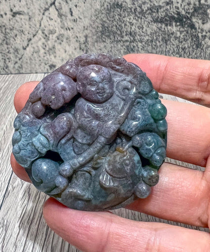 Vintage Chinese Carved Agate Pendant Boy Ruyi Scepter Koi Fish Good Luck Amulet