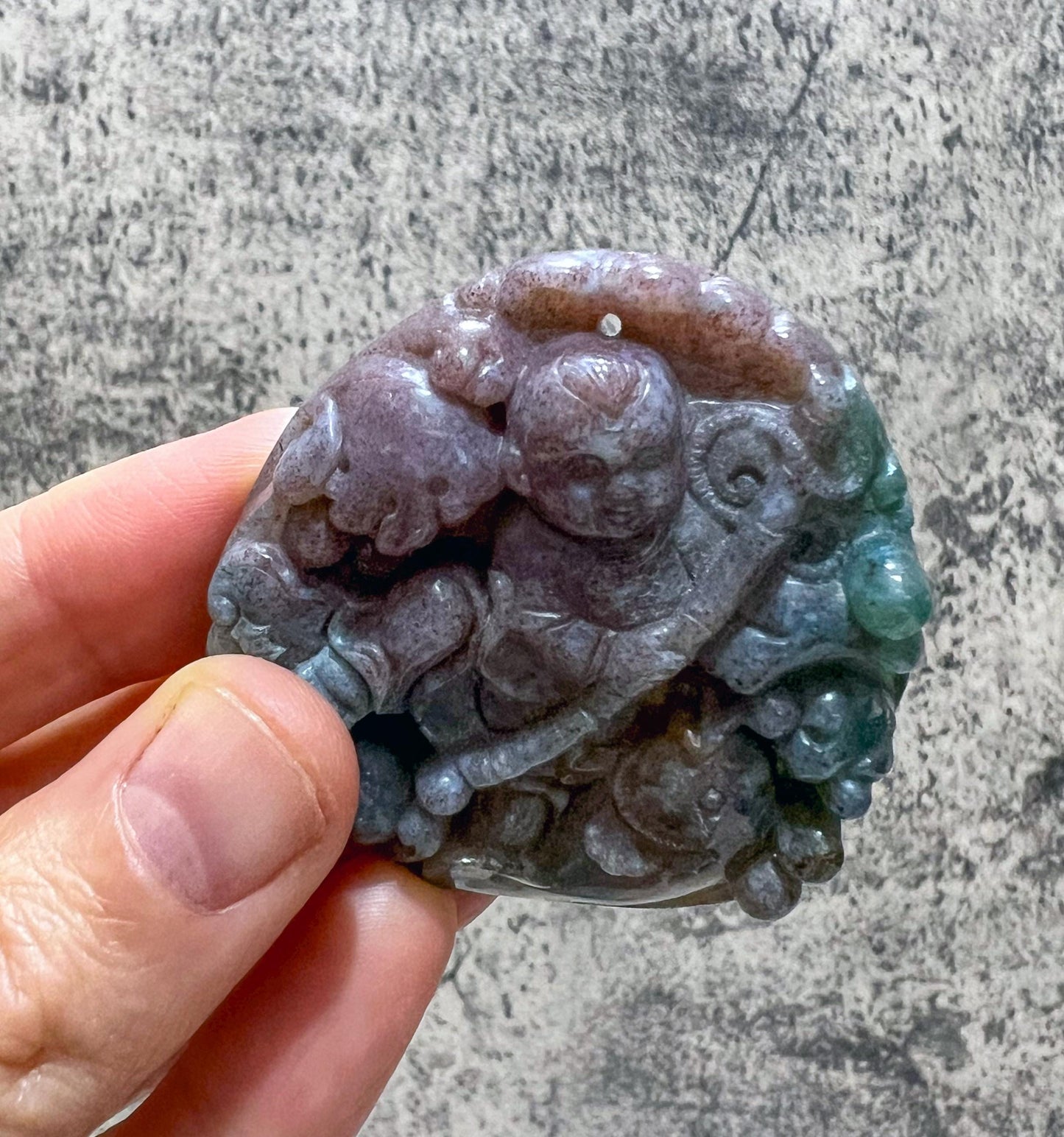 Vintage Chinese Carved Agate Pendant Boy Ruyi Scepter Koi Fish Good Luck Amulet