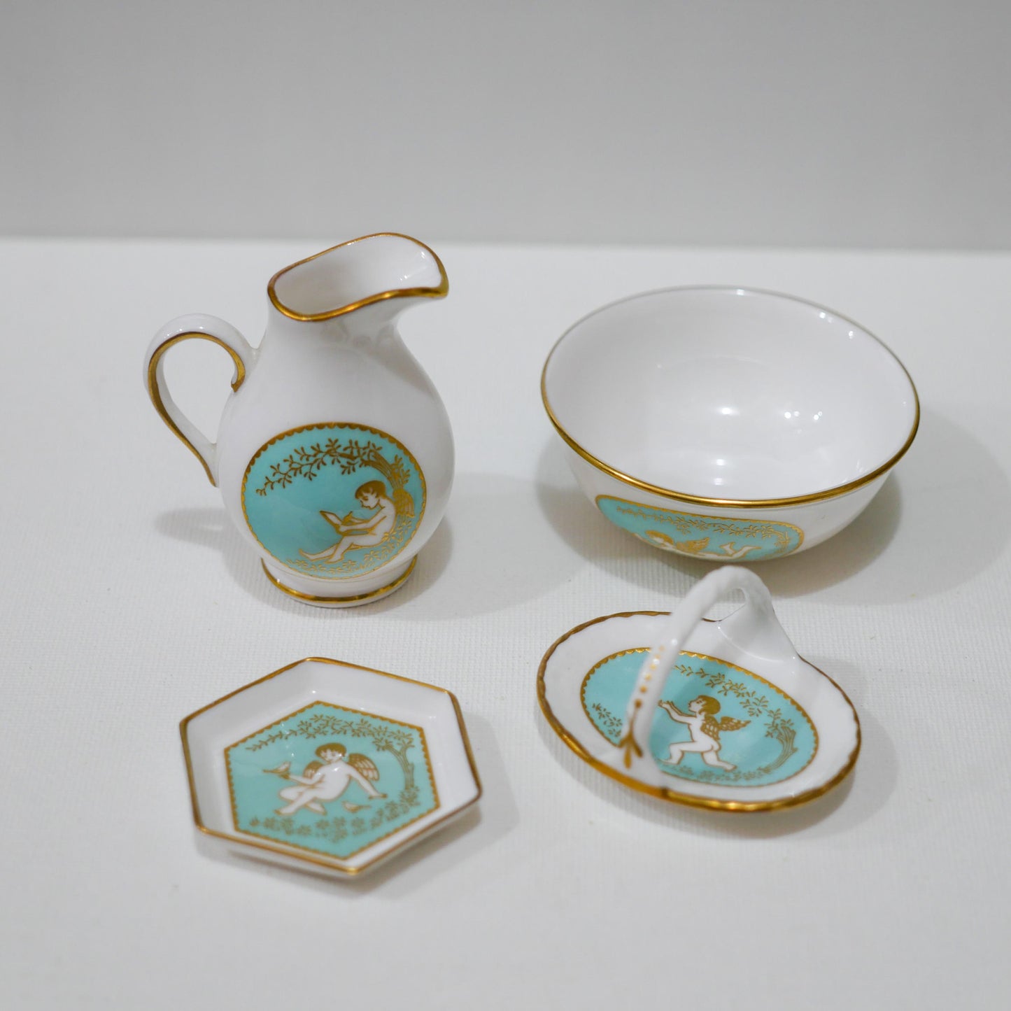 Vintage Spode England Fine Bone China Miniature Cherub Porcelain Set – Teal & Gold