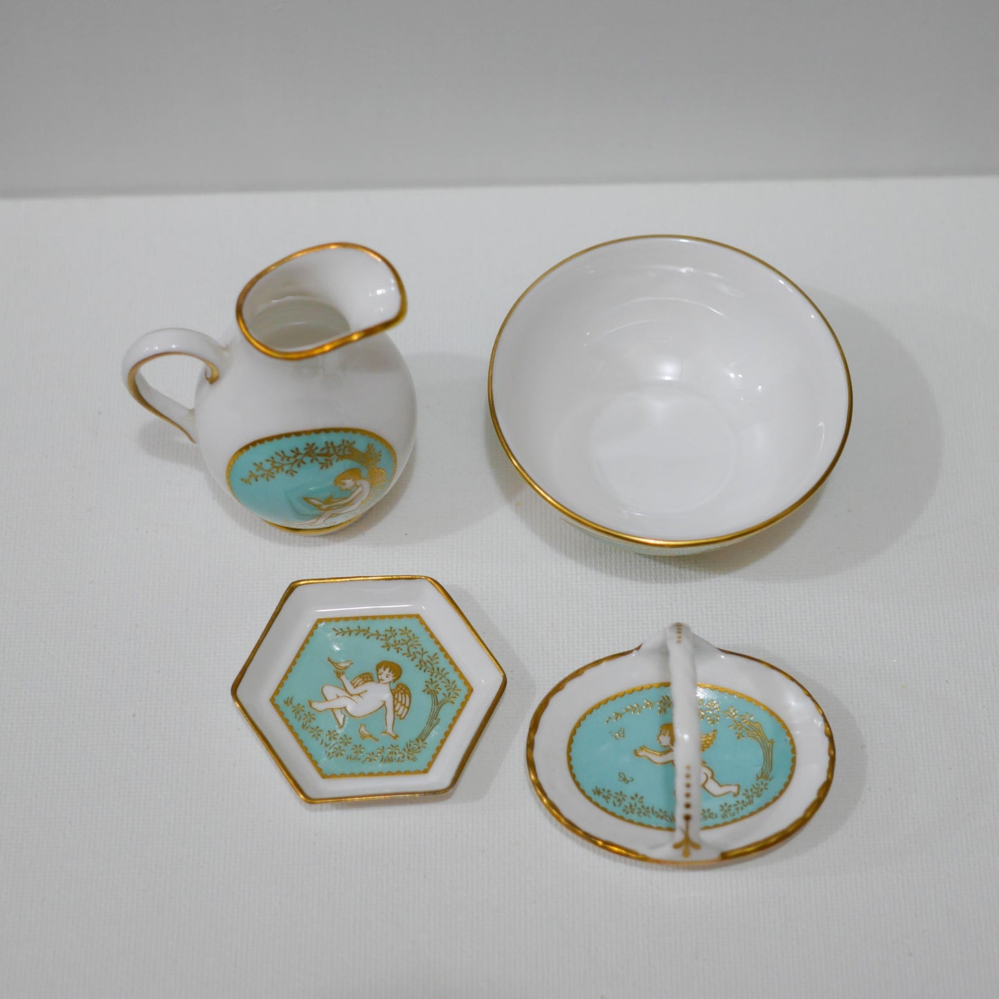 Vintage Spode England Fine Bone China Miniature Cherub Porcelain Set – Teal & Gold