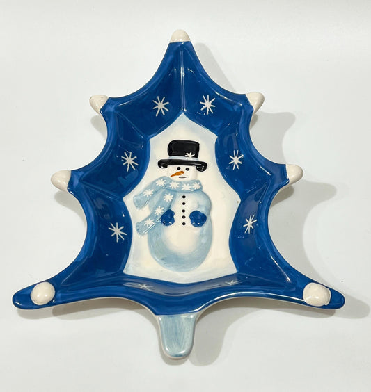 Vintage ND Hand-painted Ceramic Snowman Christmas Holiday Candy Serving Tree Dish