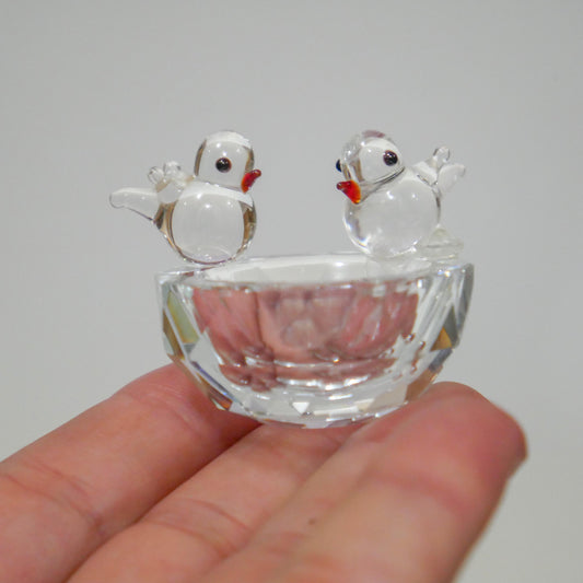 2" Vintage Faceted Crystal Bird Bath Trinket Dish | Miniature Collectible Decor