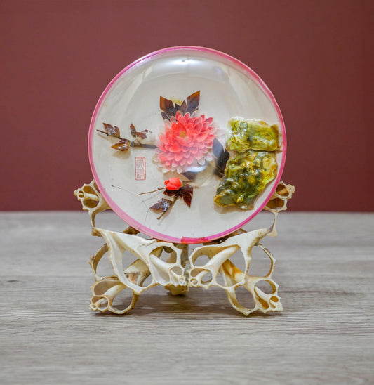 Vintage Reverse Painted Dish with Floral Design and Pink Rim – Oyster Shell Stand