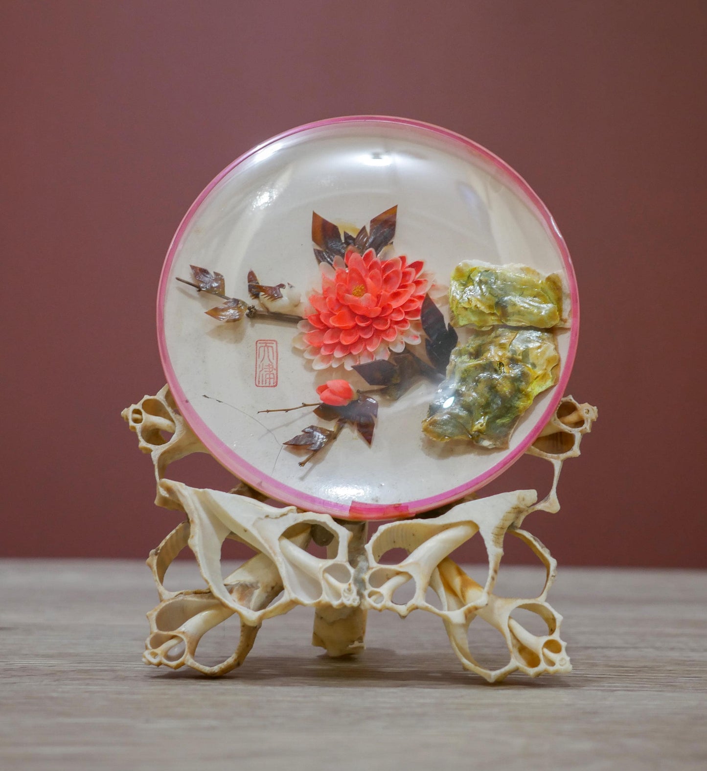 Vintage Reverse Painted Dish with Floral Design and Pink Rim – Oyster Shell Stand