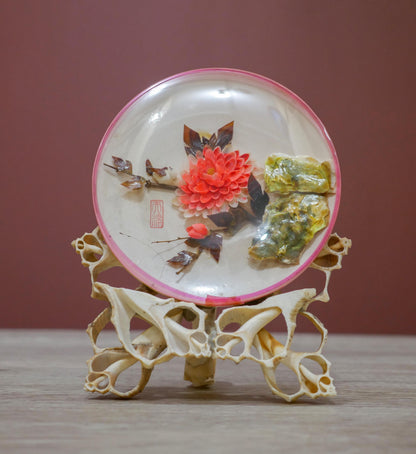 Vintage Reverse Painted Dish with Floral Design and Pink Rim – Oyster Shell Stand