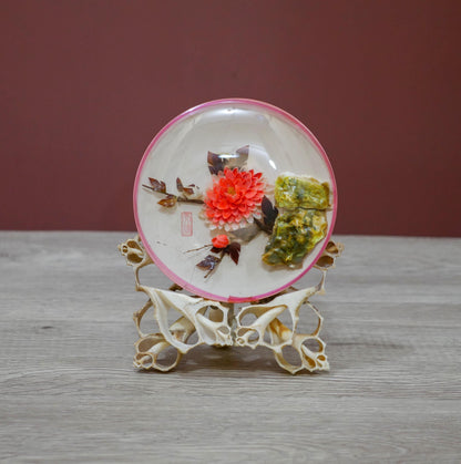 Vintage Reverse Painted Dish with Floral Design and Pink Rim – Oyster Shell Stand