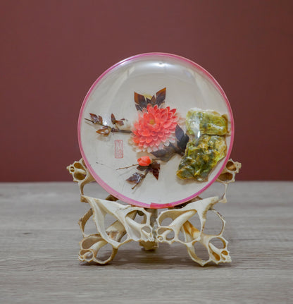 Vintage Reverse Painted Dish with Floral Design and Pink Rim – Oyster Shell Stand