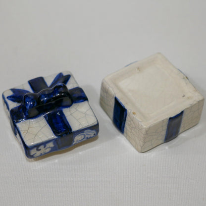 Dedham Pottery Miniature Rabbit Square Trinket Jewelry Box with Blue Ribbon