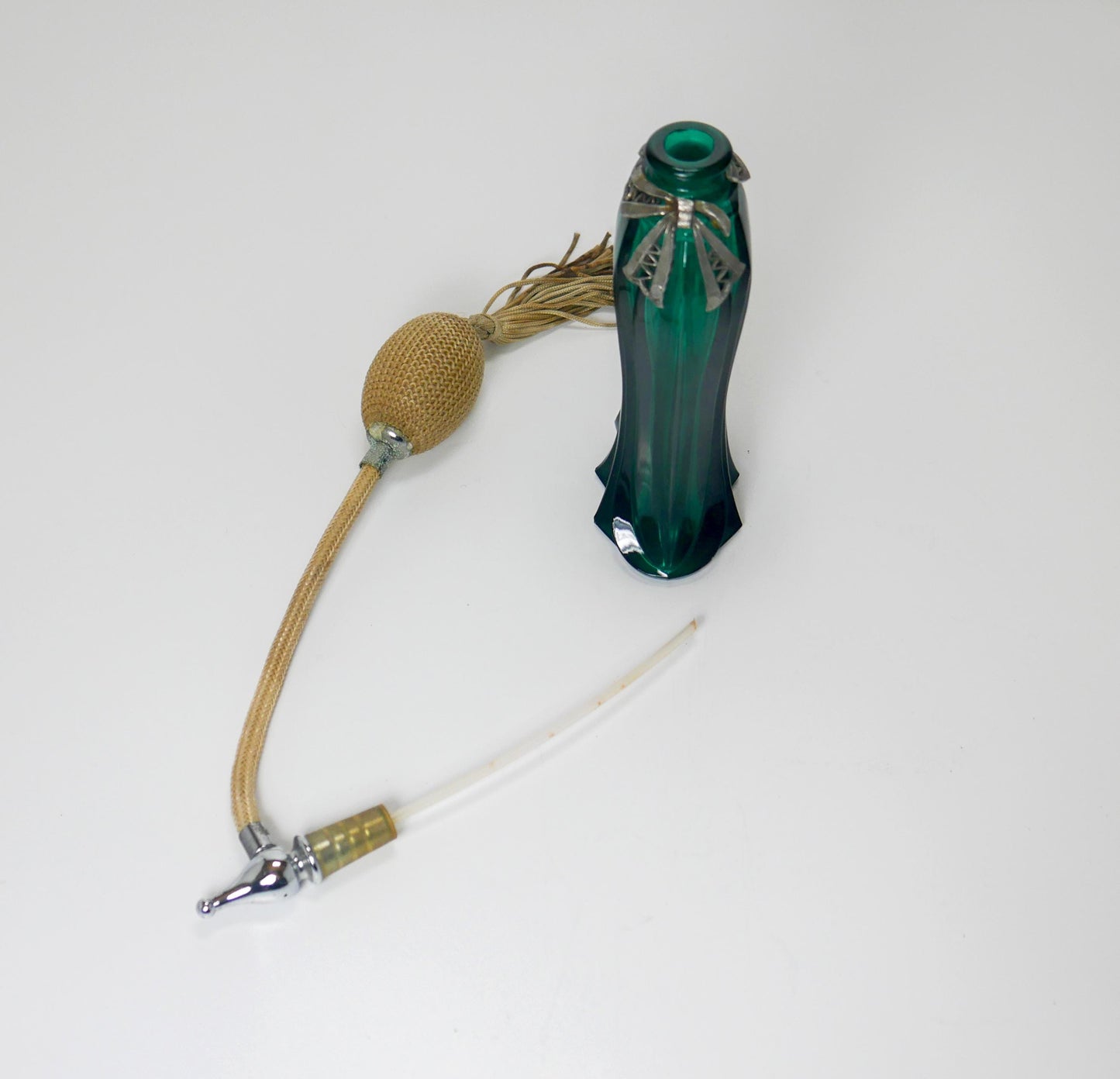 6" Vintage Ornate Cobalt Blue & Emerald Green Glass Perfume Atomizer Bottles