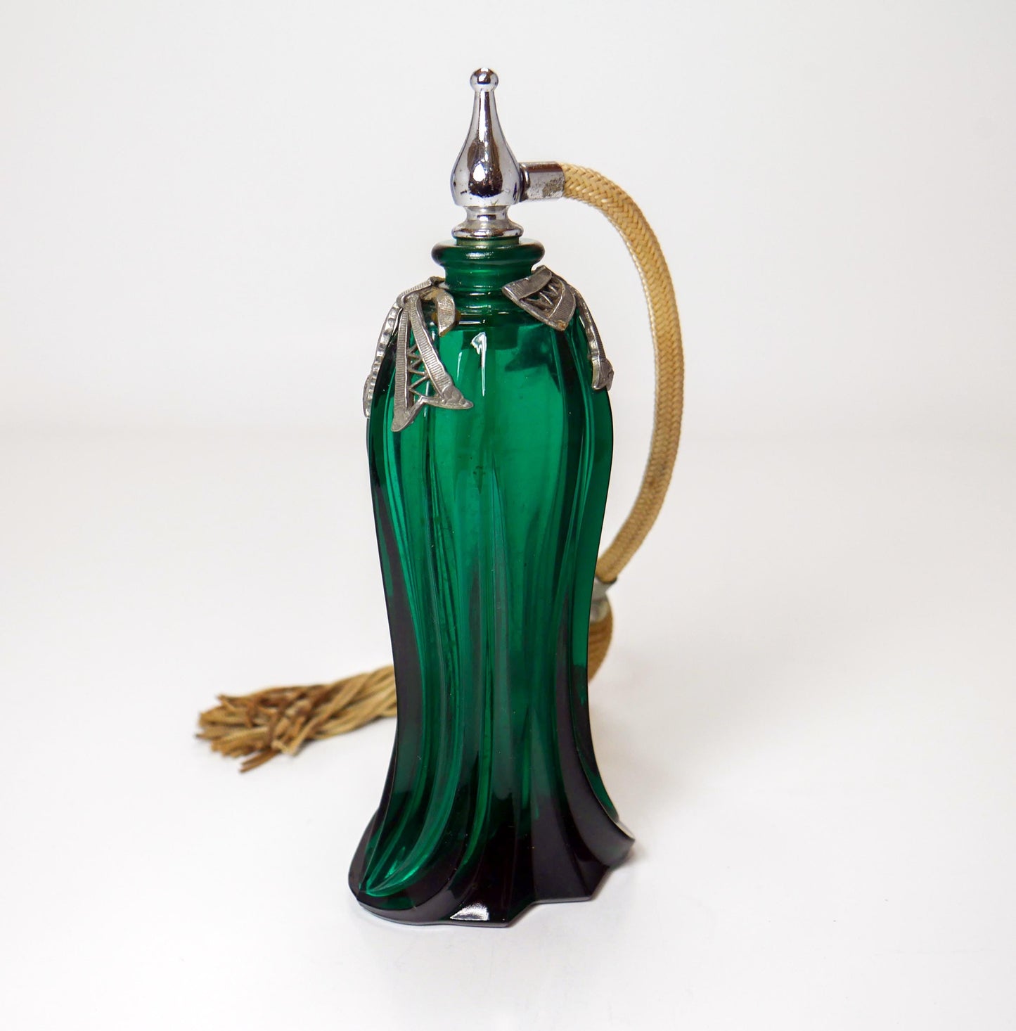 6" Vintage Ornate Cobalt Blue & Emerald Green Glass Perfume Atomizer Bottles