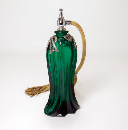 6" Vintage Ornate Cobalt Blue & Emerald Green Glass Perfume Atomizer Bottles