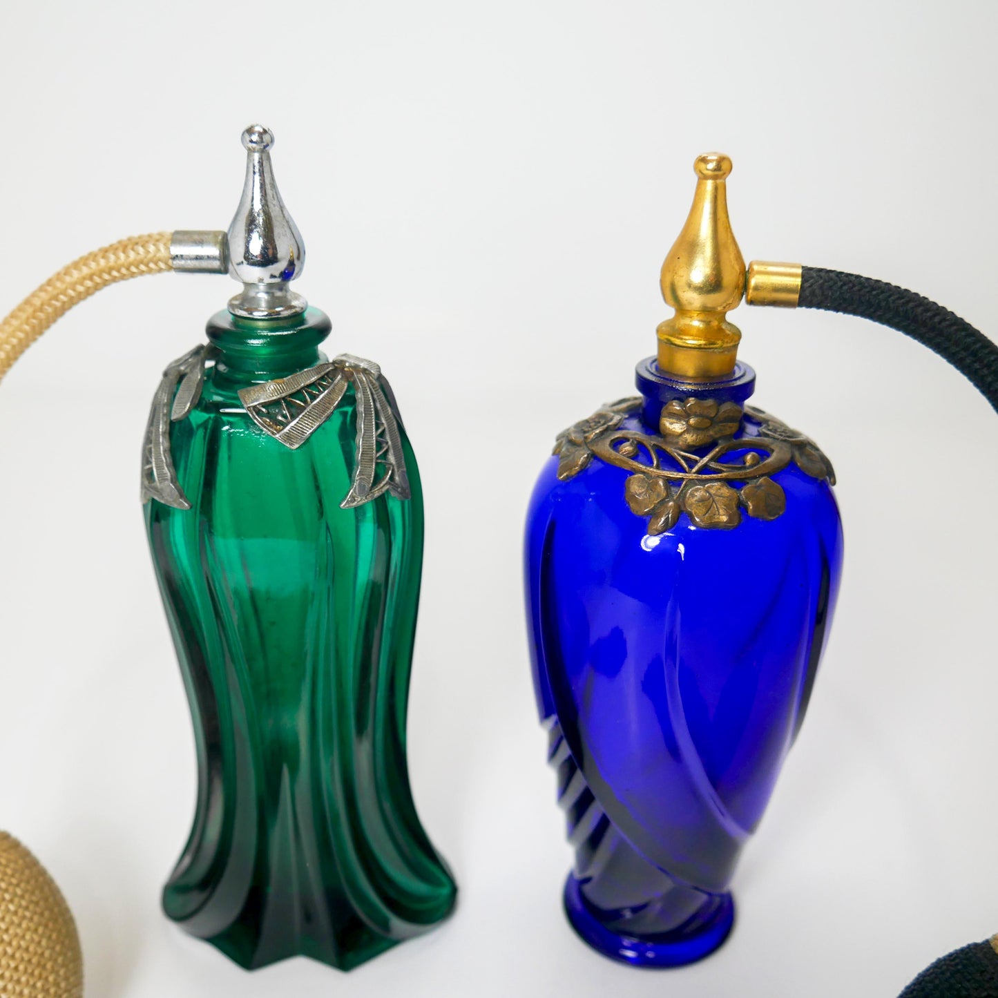 6" Vintage Ornate Cobalt Blue & Emerald Green Glass Perfume Atomizer Bottles