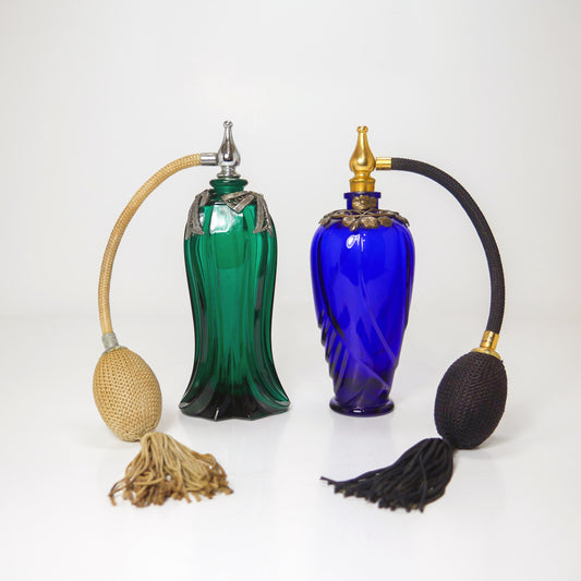 6" Vintage Ornate Cobalt Blue & Emerald Green Glass Perfume Atomizer Bottles