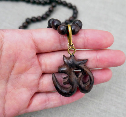 Rosewood Sacred Om Mala Necklace | Hand Carved Hindu Pendant | Yoga Jewelry