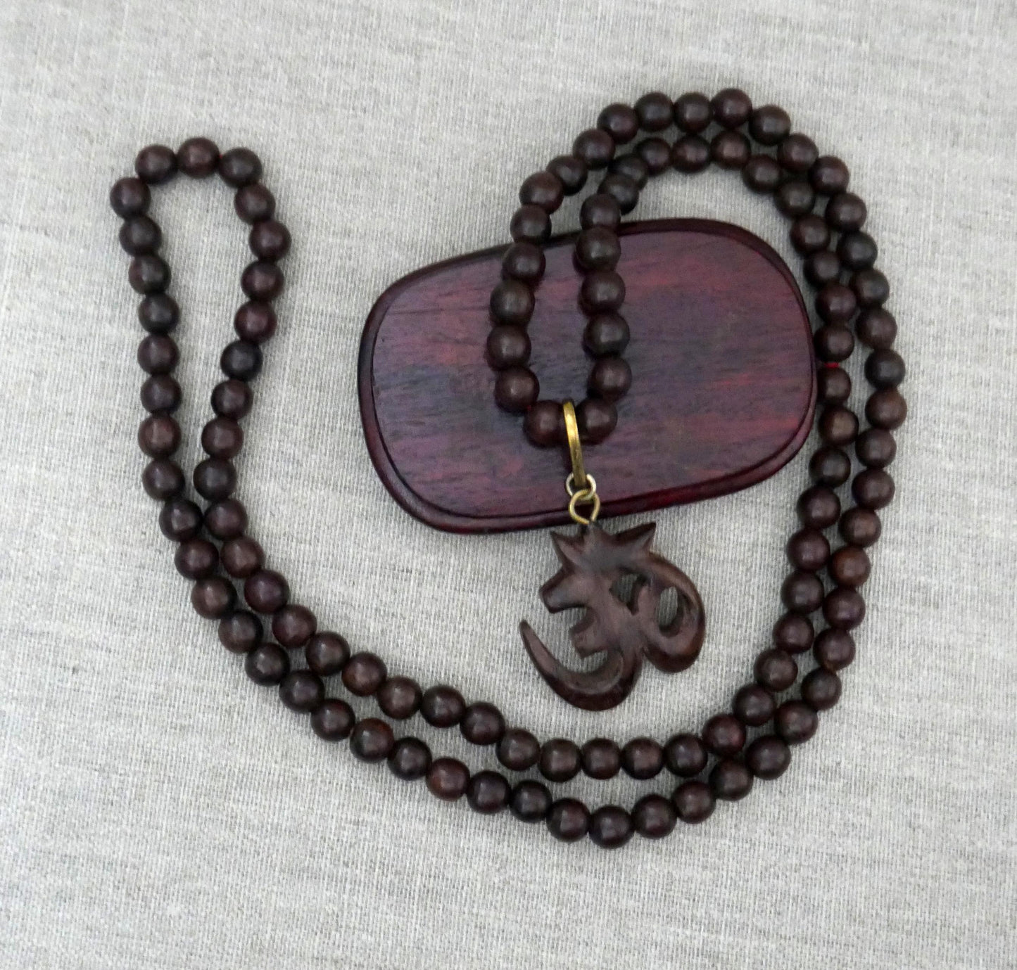 Rosewood Sacred Om Mala Necklace | Hand Carved Hindu Pendant | Yoga Jewelry