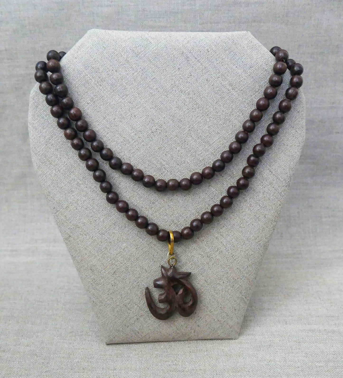 Rosewood Sacred Om Mala Necklace | Hand Carved Hindu Pendant | Yoga Jewelry