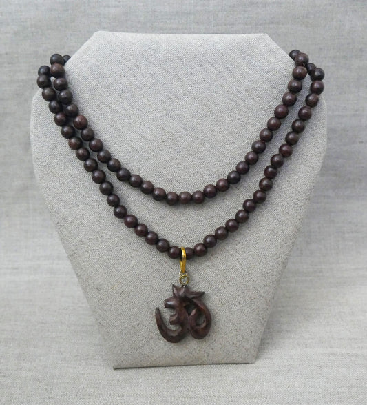 Rosewood Sacred Om Mala Necklace | Hand Carved Hindu Pendant | Yoga Jewelry