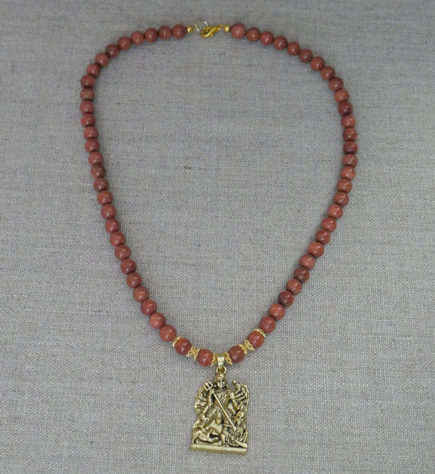 18" Durga Maa Gold Sandstone Beads Necklace Hindu Goddess Pendant Spiritual Gift