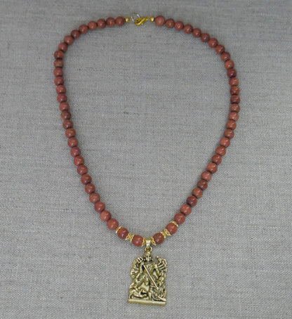 18" Durga Maa Gold Sandstone Beads Necklace Hindu Goddess Pendant Spiritual Gift