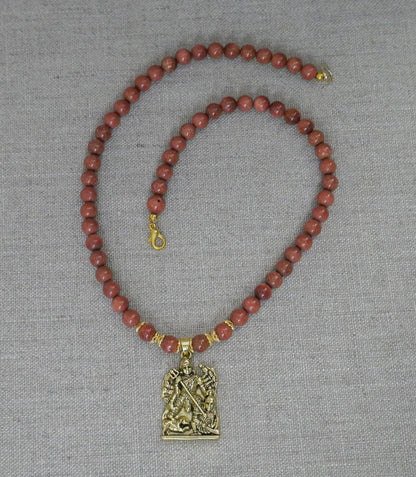 18" Durga Maa Gold Sandstone Beads Necklace Hindu Goddess Pendant Spiritual Gift