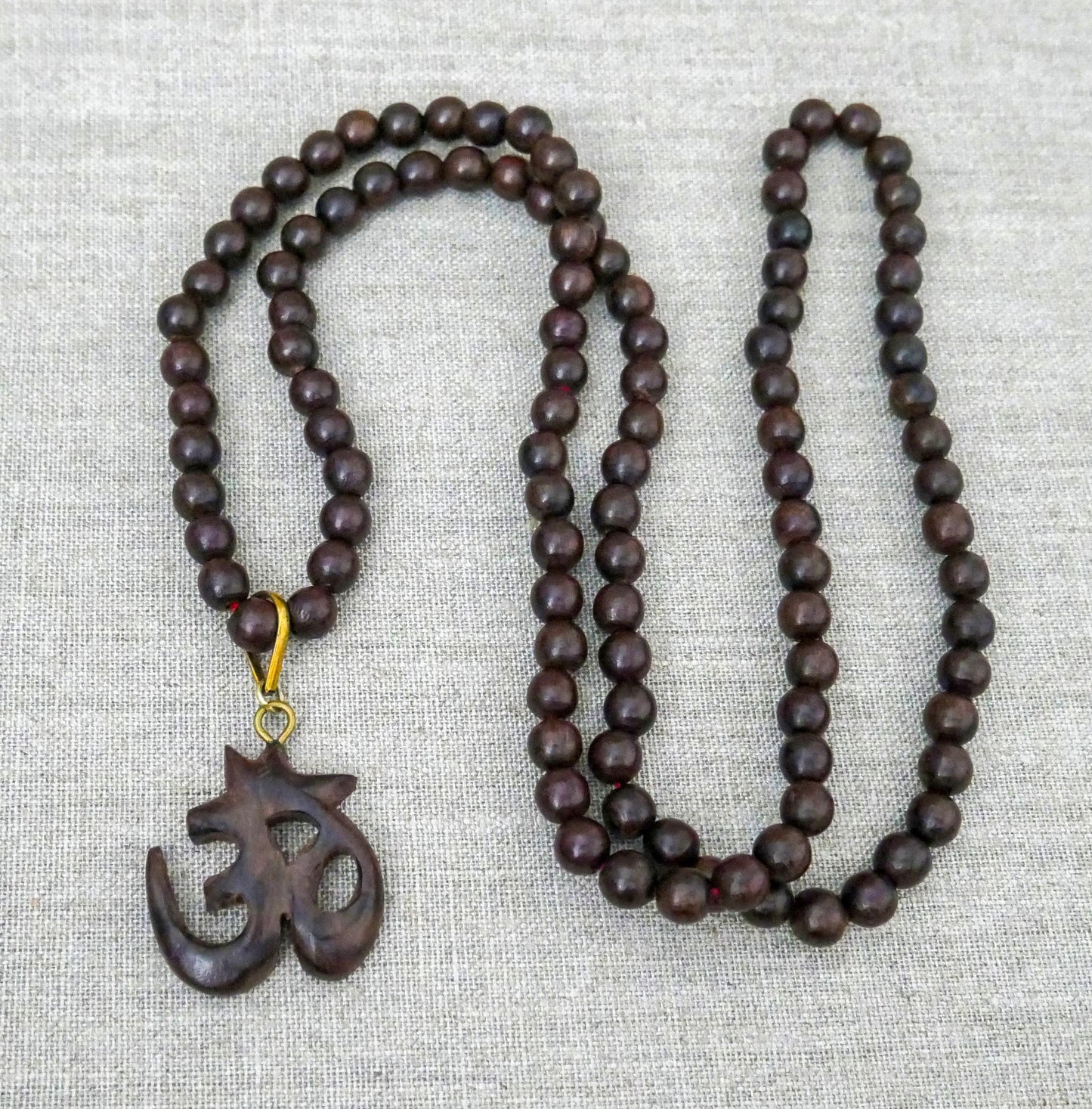 Rosewood Sacred Om Mala Necklace | Hand Carved Hindu Pendant | Yoga Jewelry