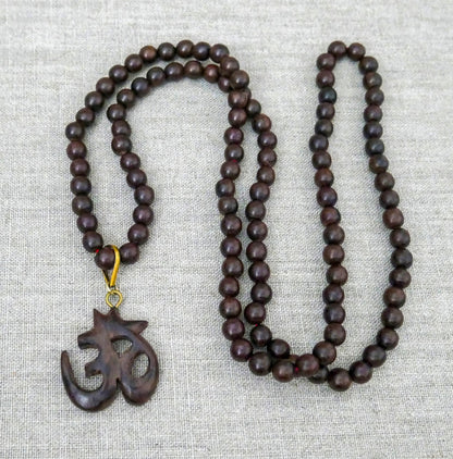 Rosewood Sacred Om Mala Necklace | Hand Carved Hindu Pendant | Yoga Jewelry