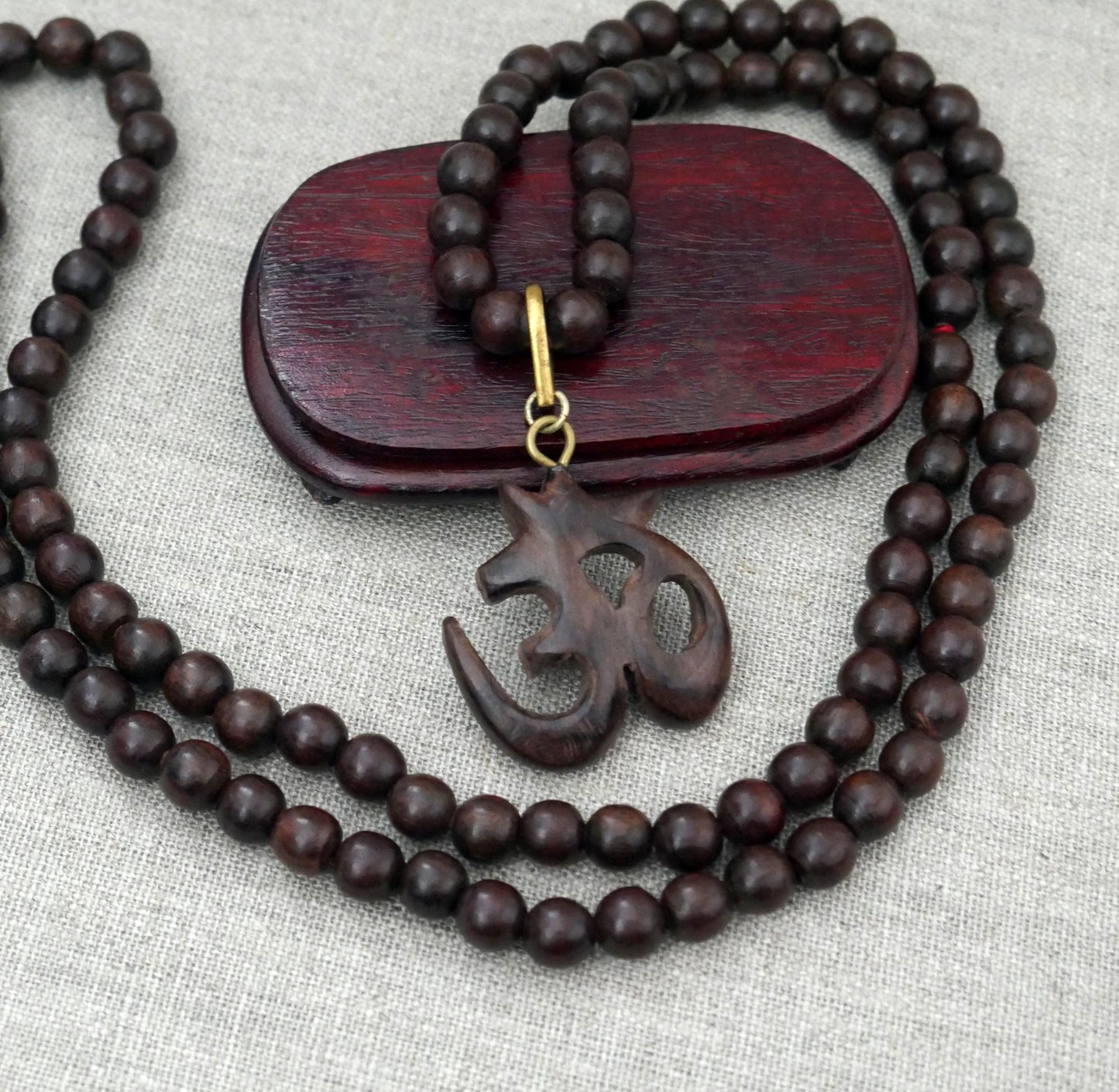Rosewood Sacred Om Mala Necklace | Hand Carved Hindu Pendant | Yoga Jewelry
