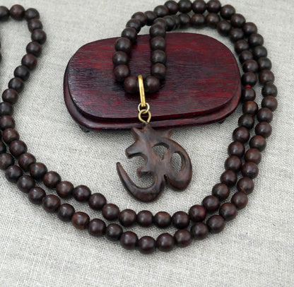 Rosewood Sacred Om Mala Necklace | Hand Carved Hindu Pendant | Yoga Jewelry