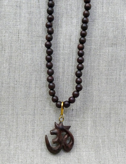 Rosewood Sacred Om Mala Necklace | Hand Carved Hindu Pendant | Yoga Jewelry