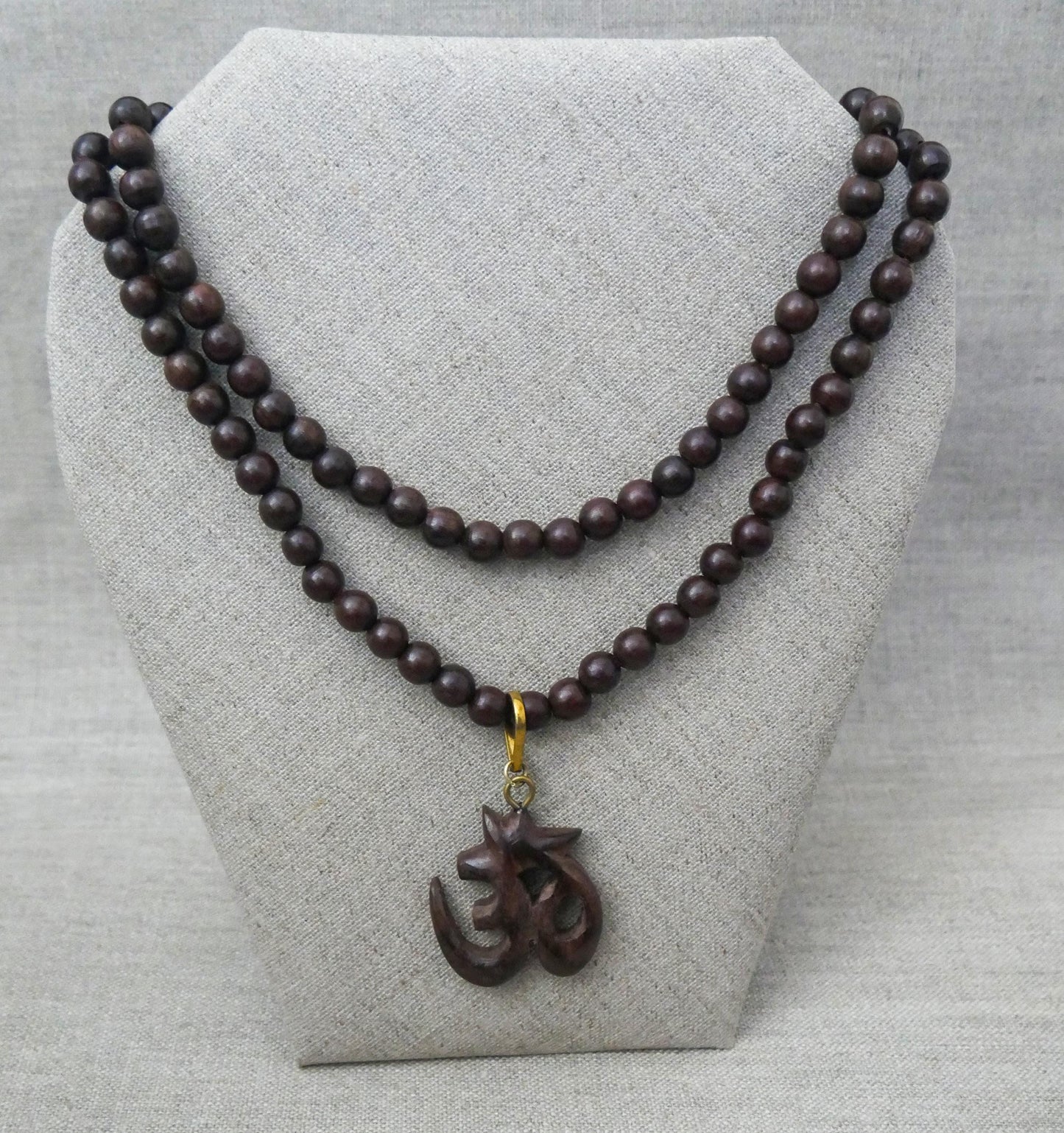 Rosewood Sacred Om Mala Necklace | Hand Carved Hindu Pendant | Yoga Jewelry