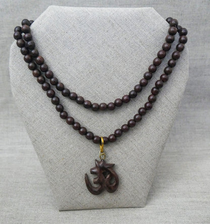 Rosewood Sacred Om Mala Necklace | Hand Carved Hindu Pendant | Yoga Jewelry