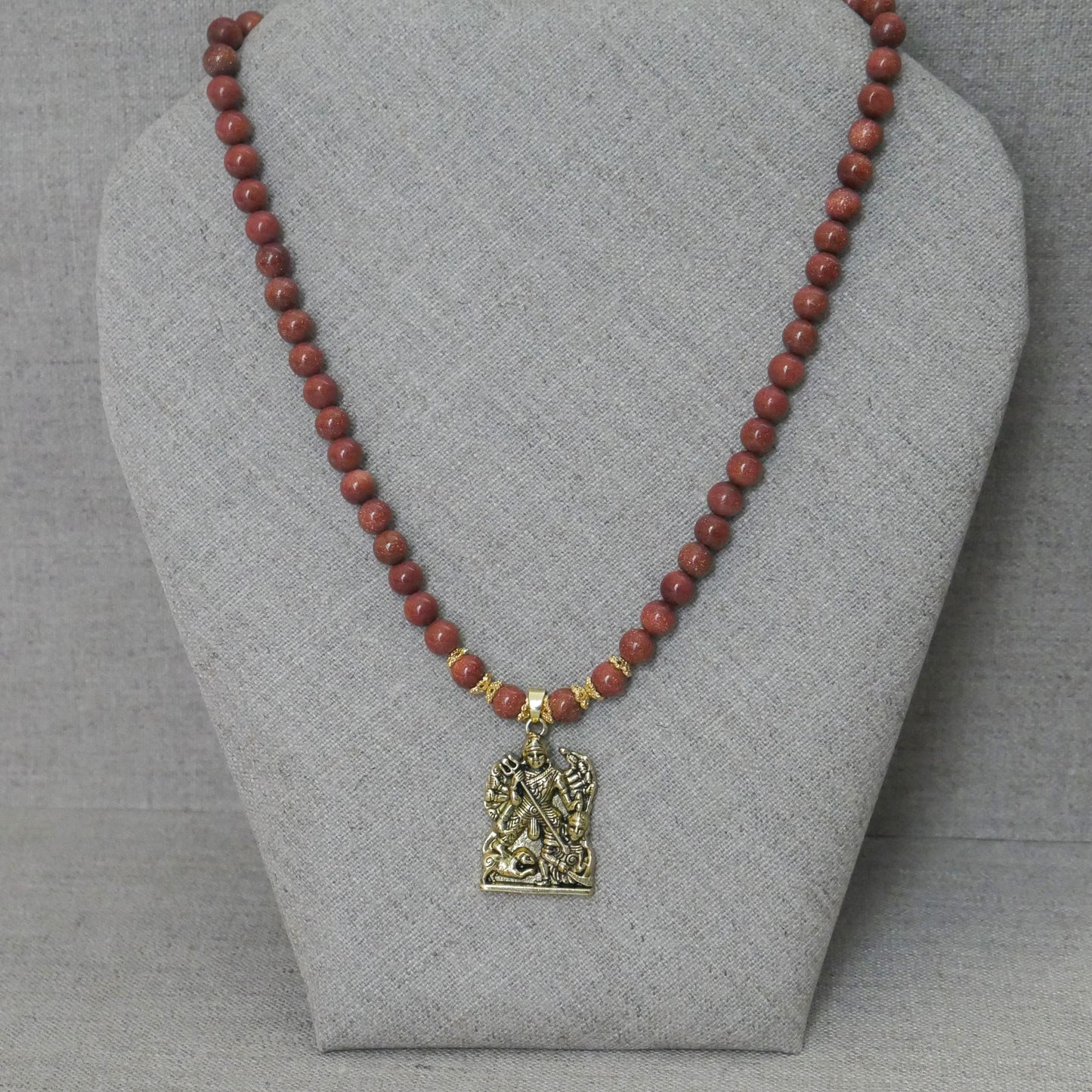18" Durga Maa Gold Sandstone Beads Necklace Hindu Goddess Pendant Spiritual Gift